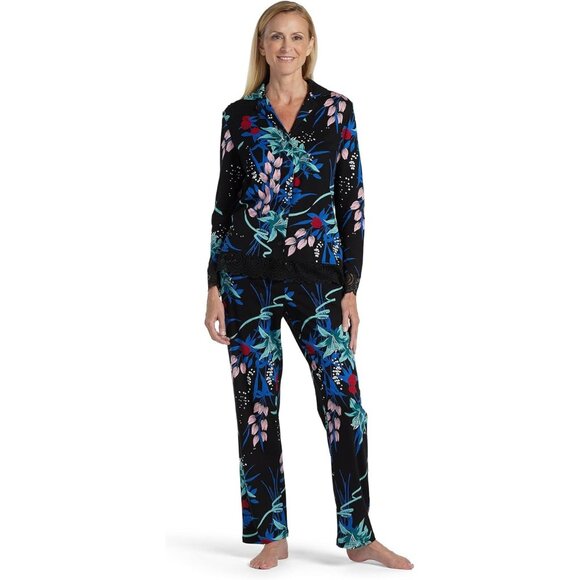 Miss Elaine Other - Miss Elaine Floral Print Pajama Set Size Medium Button Front Black Multi Lounge